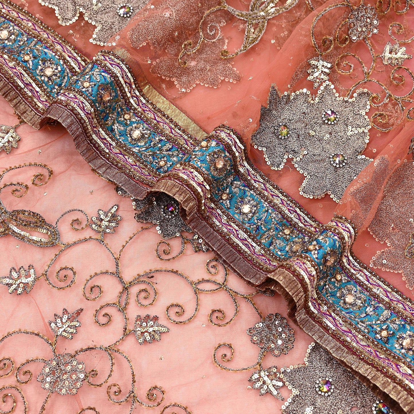 Indian Vintage Heavy Saree Pink & Orange Net/Mesh Hand Embroidered Sari Fabric 5Yd Sewing Soft Zardozi/Dabka Zari Sequins Wedding net sarees