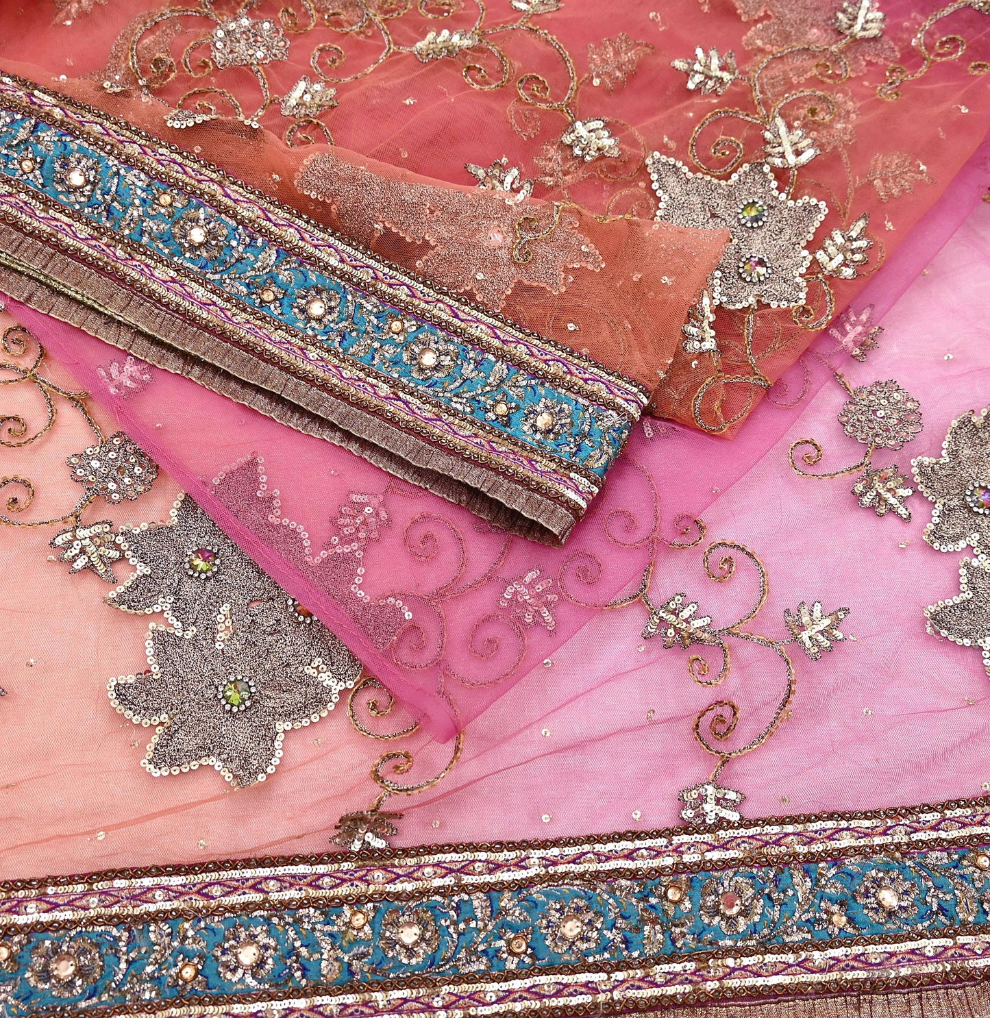 Indian Vintage Heavy Saree Pink & Orange Net/Mesh Hand Embroidered Sari Fabric 5Yd Sewing Soft Zardozi/Dabka Zari Sequins Wedding net sarees