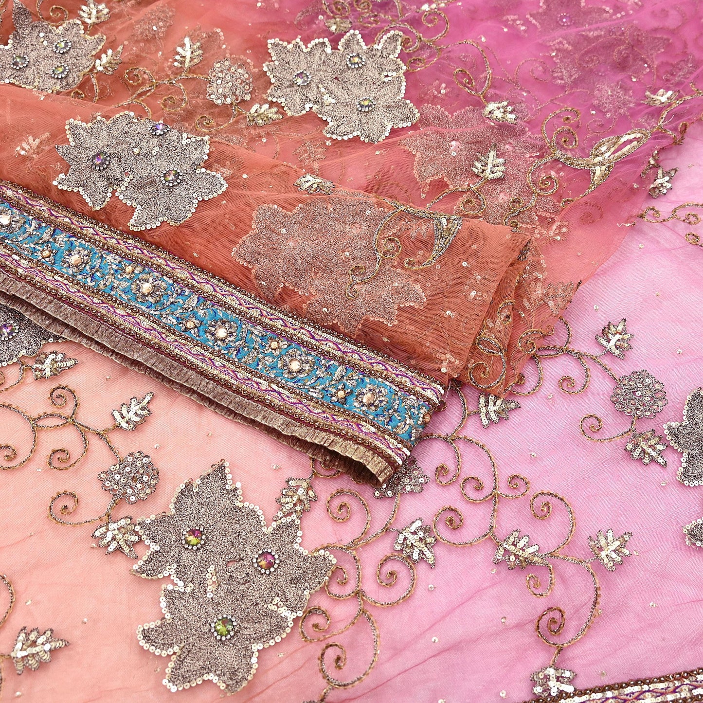 Indian Vintage Heavy Saree Pink & Orange Net/Mesh Hand Embroidered Sari Fabric 5Yd Sewing Soft Zardozi/Dabka Zari Sequins Wedding net sarees