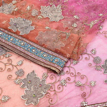Indian Vintage Heavy Saree Pink & Orange Net/Mesh Hand Embroidered Sari Fabric 5Yd Sewing Soft Zardozi/Dabka Zari Sequins Wedding net sarees