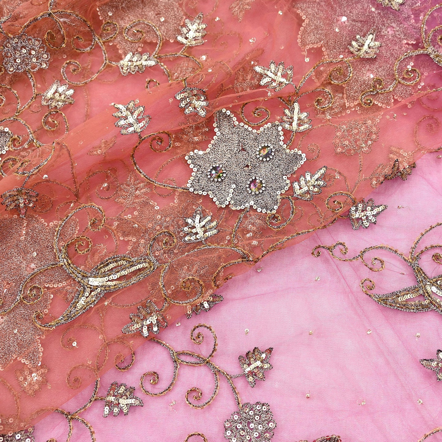 Indian Vintage Heavy Saree Pink & Orange Net/Mesh Hand Embroidered Sari Fabric 5Yd Sewing Soft Zardozi/Dabka Zari Sequins Wedding net sarees