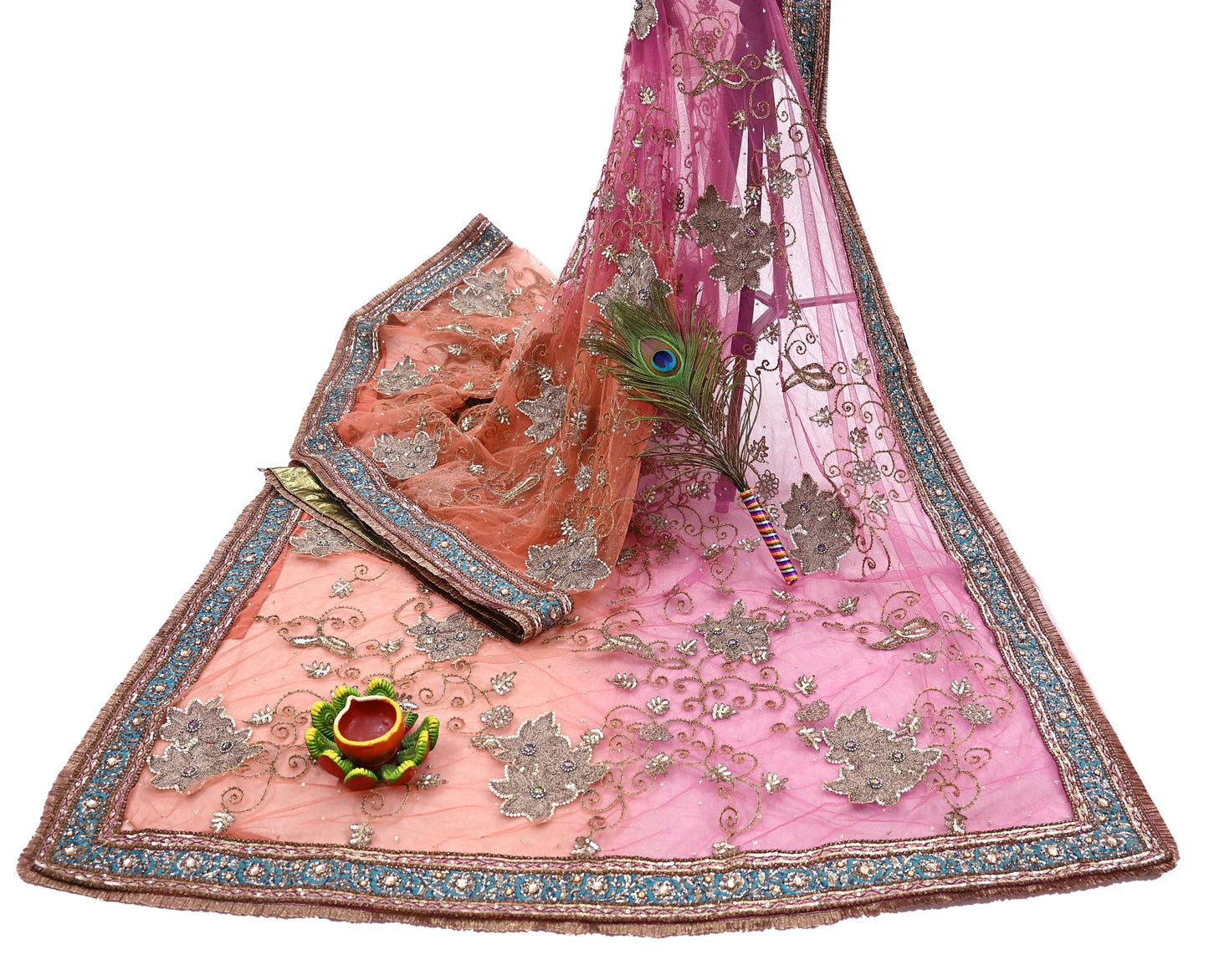 Indian Vintage Heavy Saree Pink & Orange Net/Mesh Hand Embroidered Sari Fabric 5Yd Sewing Soft Zardozi/Dabka Zari Sequins Wedding net sarees