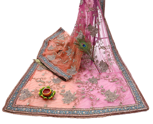 Indian Vintage Heavy Saree Pink & Orange Net/Mesh Hand Embroidered Sari Fabric 5Yd Sewing Soft Zardozi/Dabka Zari Sequins Wedding net sarees