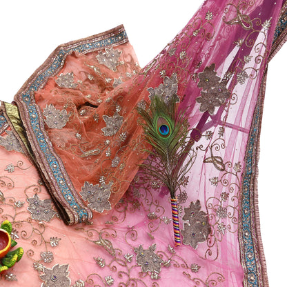 Indian Vintage Heavy Saree Pink & Orange Net/Mesh Hand Embroidered Sari Fabric 5Yd Sewing Soft Zardozi/Dabka Zari Sequins Wedding net sarees