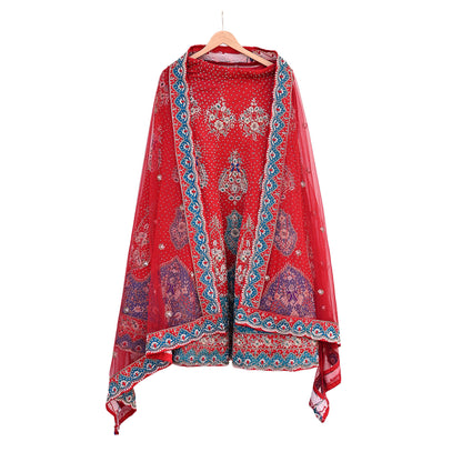 Vintage Anamika Khanna Red Satin Silk Net Hand Embroidered Lehenga Dupatta 2pc Set Zardozi Bridal Wear Indian Wedding Couture Outfit