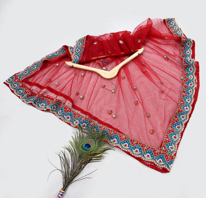 Vintage Anamika Khanna Red Satin Silk Net Hand Embroidered Lehenga Dupatta 2pc Set Zardozi Bridal Wear Indian Wedding Couture Outfit