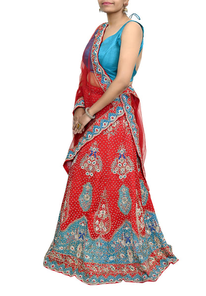 Vintage Anamika Khanna Red Satin Silk Net Hand Embroidered Lehenga Dupatta 2pc Set Zardozi Bridal Wear Indian Wedding Couture Outfit