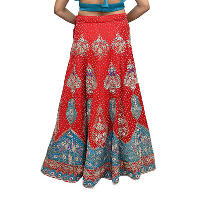 Vintage Anamika Khanna Red Satin Silk Net Hand Embroidered Lehenga Dupatta 2pc Set Zardozi Bridal Wear Indian Wedding Couture Outfit