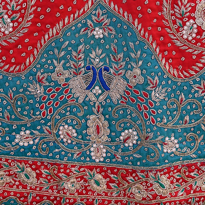 Vintage Anamika Khanna Red Satin Silk Net Hand Embroidered Lehenga Dupatta 2pc Set Zardozi Bridal Wear Indian Wedding Couture Outfit
