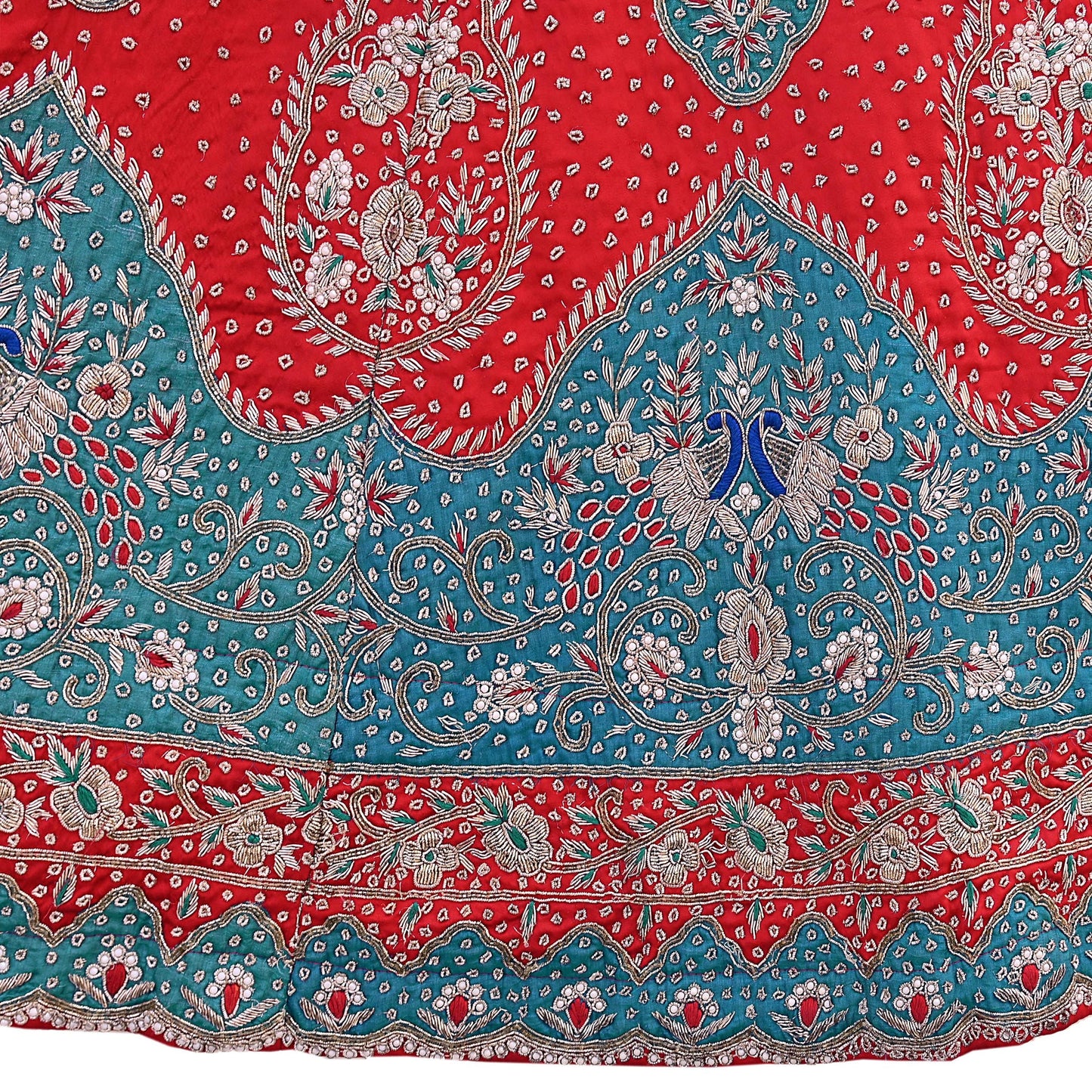 Vintage Anamika Khanna Red Satin Silk Net Hand Embroidered Lehenga Dupatta 2pc Set Zardozi Bridal Wear Indian Wedding Couture Outfit
