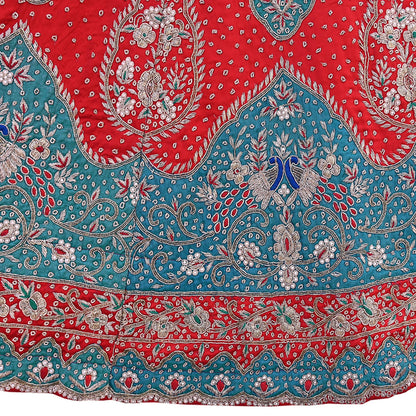 Vintage Anamika Khanna Red Satin Silk Net Hand Embroidered Lehenga Dupatta 2pc Set Zardozi Bridal Wear Indian Wedding Couture Outfit
