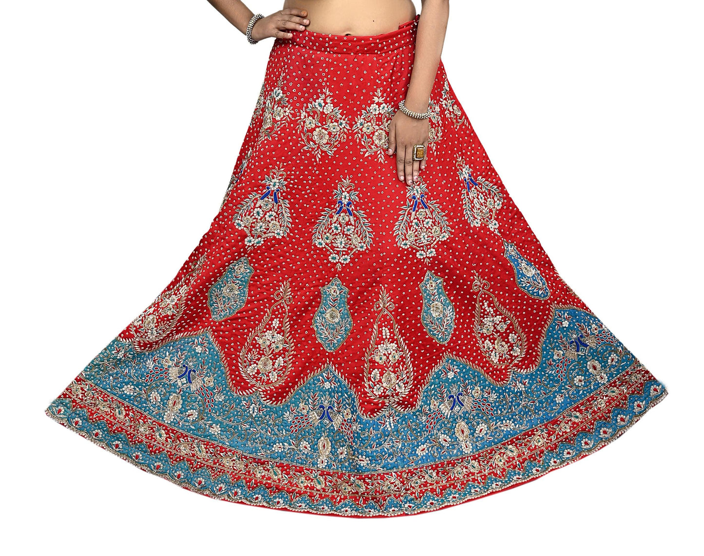Indian Pre-owned Heavy Wedding Hand Embroidered Designer By Anamika Khanna Lehenga/Skirt Bridal Wear Red Pure Satin Silk