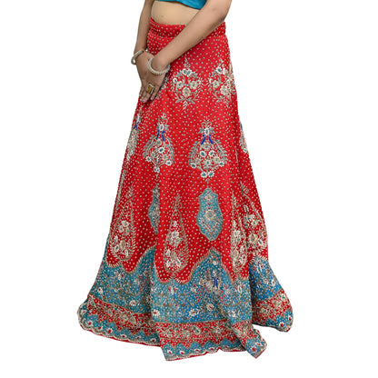 Indian Pre-owned Heavy Wedding Hand Embroidered Designer By Anamika Khanna Lehenga/Skirt Bridal Wear Red Pure Satin Silk
