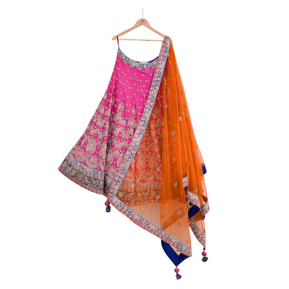 Indian Heavy Magenta & Orange Raw Silk Hand Embroidered Anamika Khanna Bridal Lehenga 3pc Set with Net Dupatta Blouse Fabric