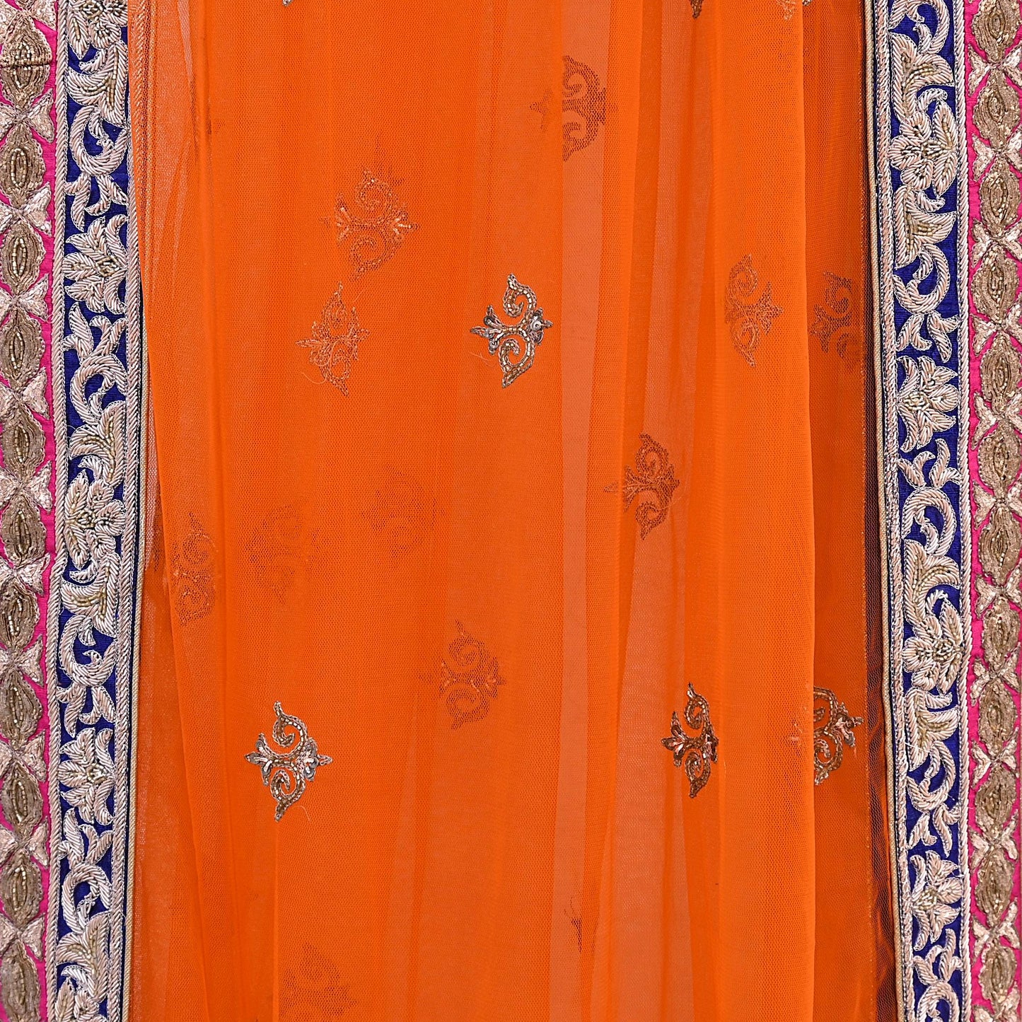 Indian Heavy Magenta & Orange Raw Silk Hand Embroidered Anamika Khanna Bridal Lehenga 3pc Set with Net Dupatta Blouse Fabric