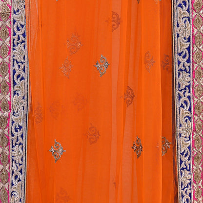 Indian Heavy Magenta & Orange Raw Silk Hand Embroidered Anamika Khanna Bridal Lehenga 3pc Set with Net Dupatta Blouse Fabric