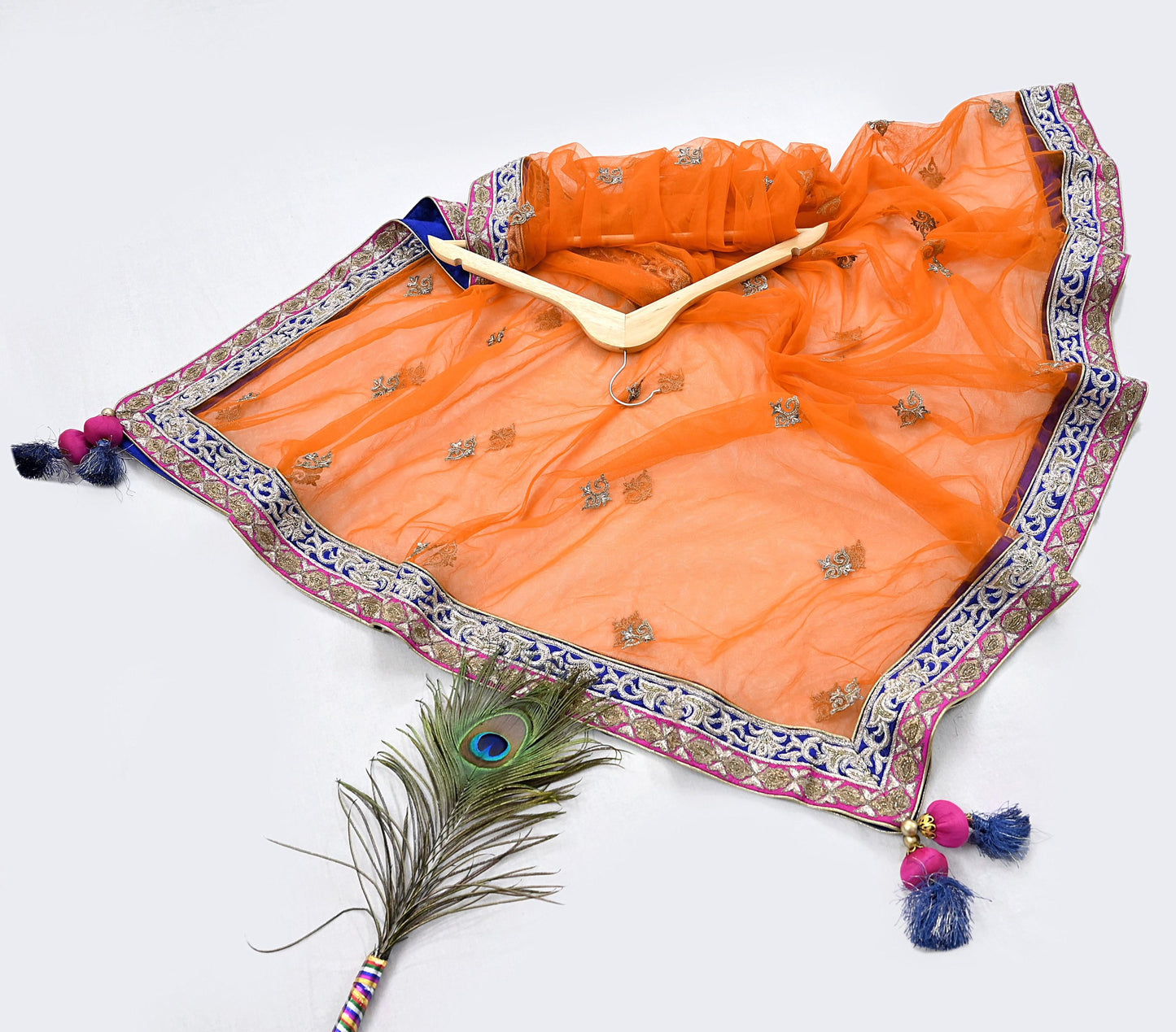Indian Heavy Magenta & Orange Raw Silk Hand Embroidered Anamika Khanna Bridal Lehenga 3pc Set with Net Dupatta Blouse Fabric