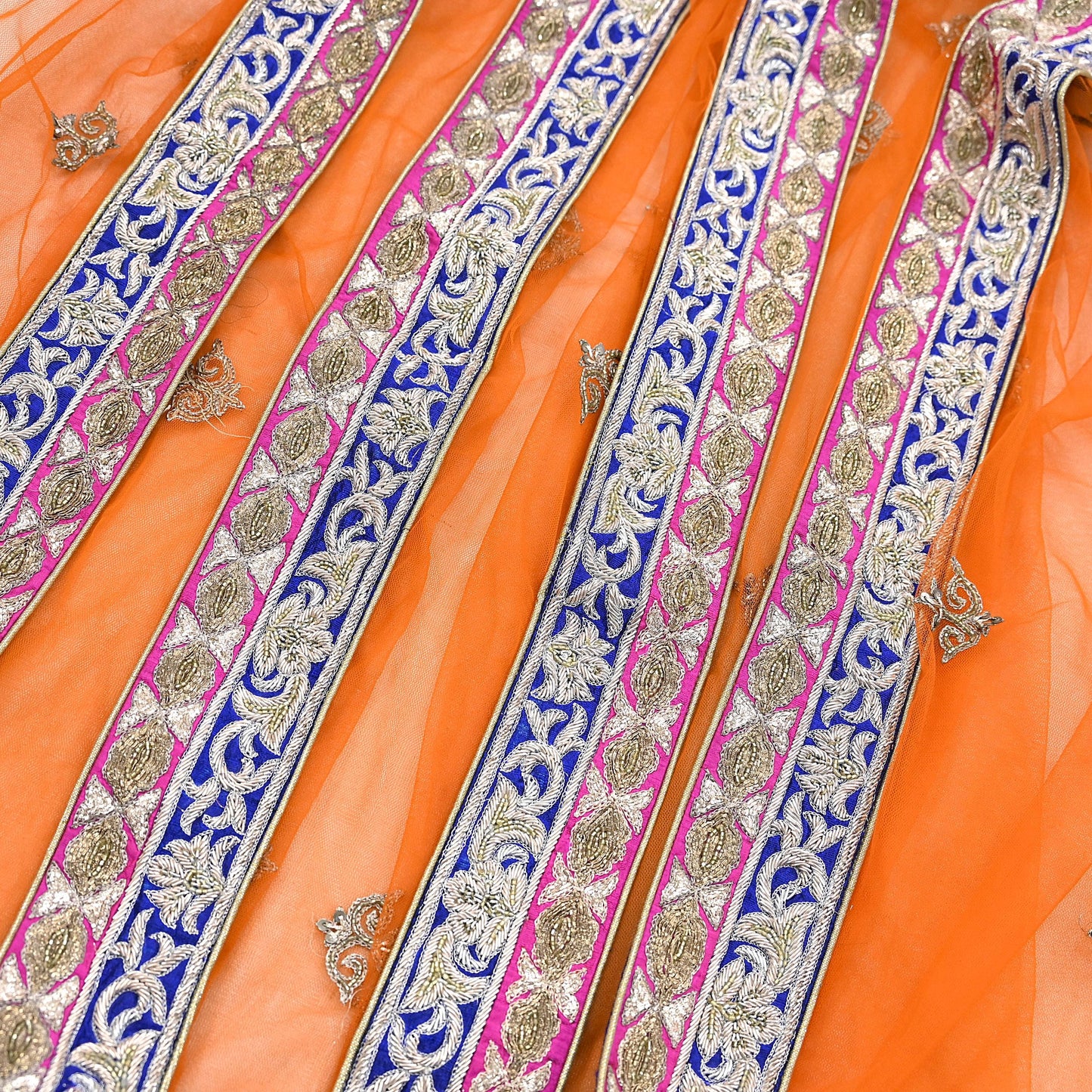 Indian Heavy Magenta & Orange Raw Silk Hand Embroidered Anamika Khanna Bridal Lehenga 3pc Set with Net Dupatta Blouse Fabric