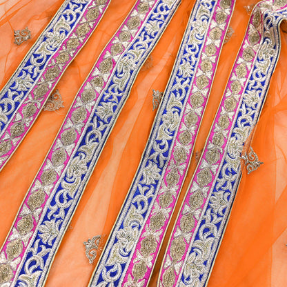 Indian Heavy Magenta & Orange Raw Silk Hand Embroidered Anamika Khanna Bridal Lehenga 3pc Set with Net Dupatta Blouse Fabric