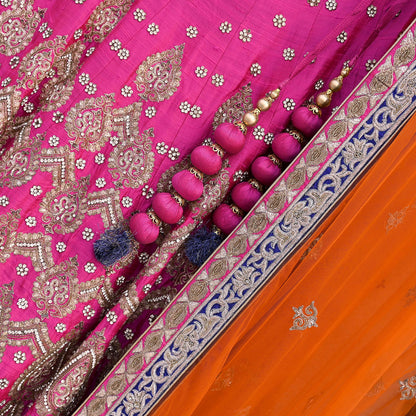 Indian Heavy Magenta & Orange Raw Silk Hand Embroidered Anamika Khanna Bridal Lehenga 3pc Set with Net Dupatta Blouse Fabric