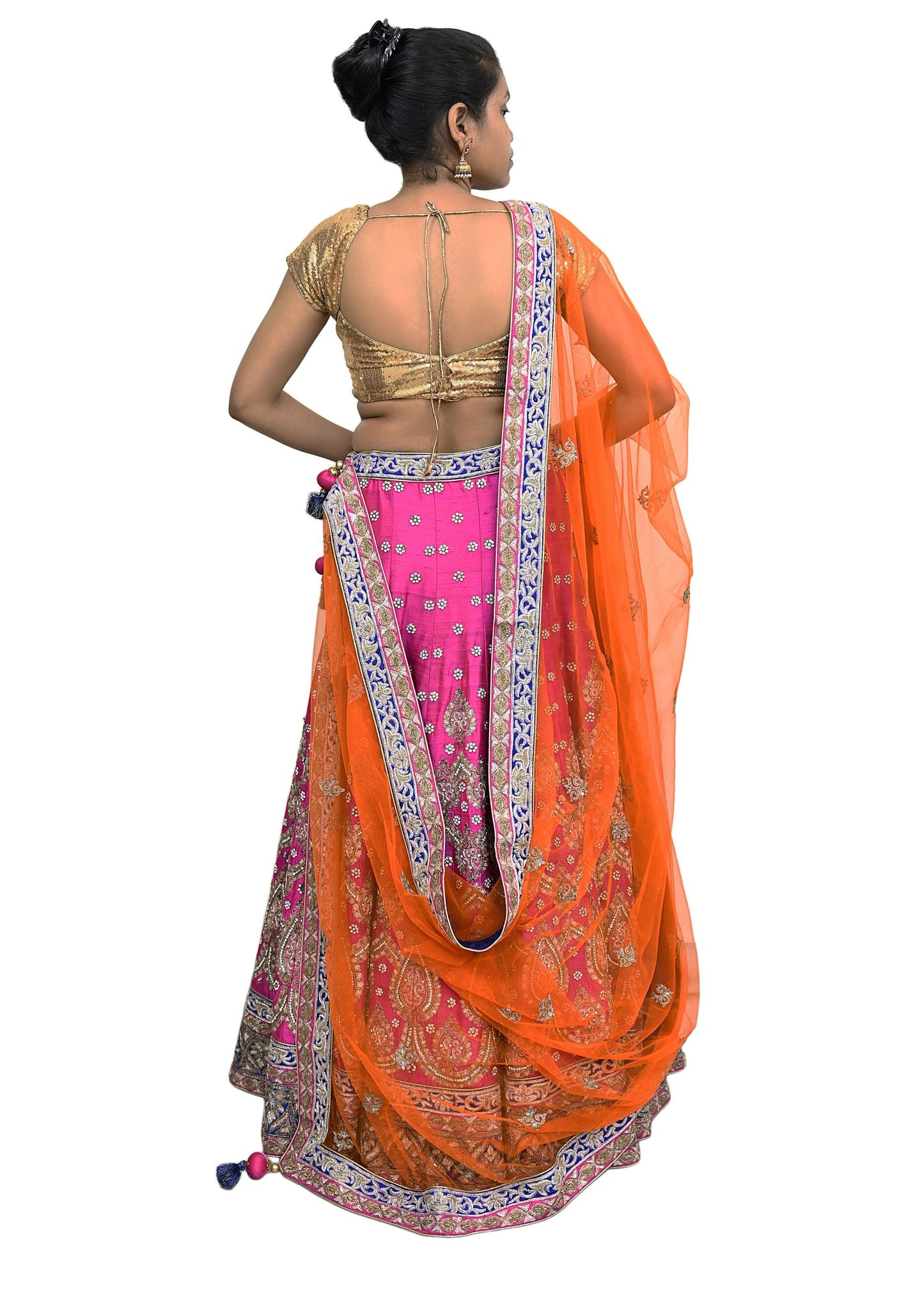 Indian Heavy Magenta & Orange Raw Silk Hand Embroidered Anamika Khanna Bridal Lehenga 3pc Set with Net Dupatta Blouse Fabric