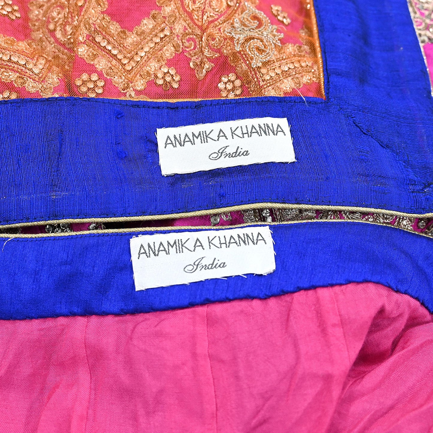 Indian Heavy Magenta & Orange Raw Silk Hand Embroidered Anamika Khanna Bridal Lehenga 3pc Set with Net Dupatta Blouse Fabric