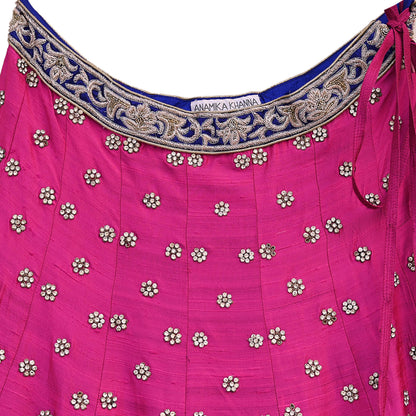 Indian Heavy Magenta & Orange Raw Silk Hand Embroidered Anamika Khanna Bridal Lehenga 3pc Set with Net Dupatta Blouse Fabric