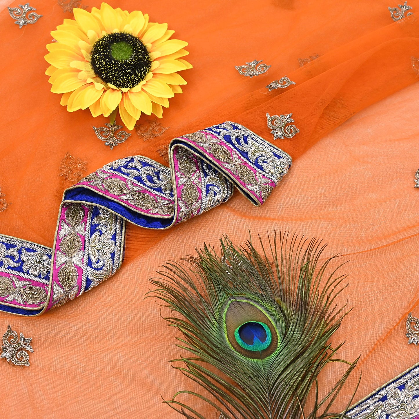 Orange Net Hand Embroidered Dupatta by Anamika Khanna Bridal Zardozi Stole Indian Wedding Veil Designer Couture Scarf