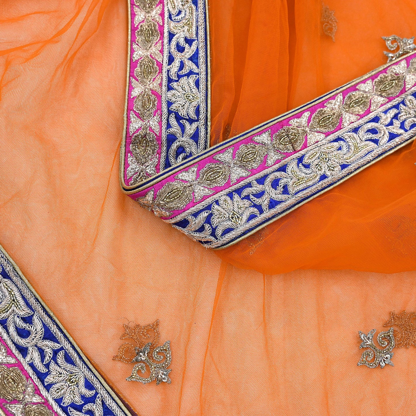 Orange Net Hand Embroidered Dupatta by Anamika Khanna Bridal Zardozi Stole Indian Wedding Veil Designer Couture Scarf