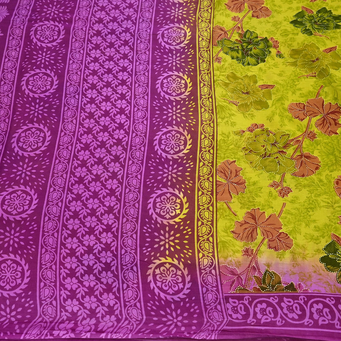 Indian Vintage Sari Purple & yellow Pure Cotton Printed Sarees Craft Fabric Soft 5Yd Sarong Wrap Boho Fabric Kimono Quilting Crafting