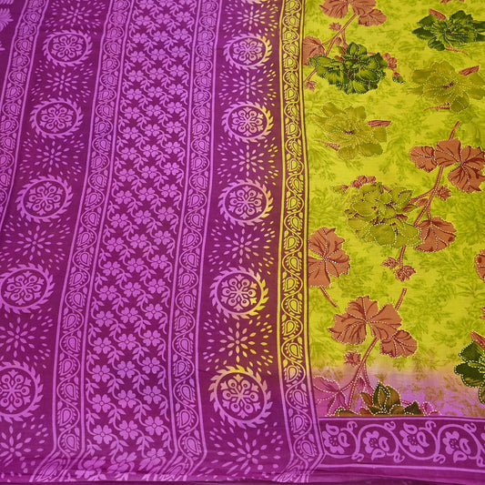 Indian Vintage Sari Purple & yellow Pure Cotton Printed Sarees Craft Fabric Soft 5Yd Sarong Wrap Boho Fabric Kimono Quilting Crafting