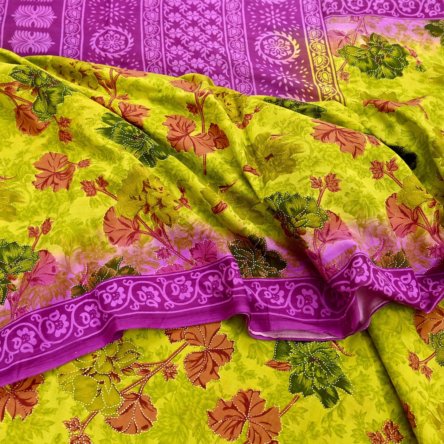 Indian Vintage Sari Purple & yellow Pure Cotton Printed Sarees Craft Fabric Soft 5Yd Sarong Wrap Boho Fabric Kimono Quilting Crafting