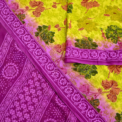 Indian Vintage Sari Purple & yellow Pure Cotton Printed Sarees Craft Fabric Soft 5Yd Sarong Wrap Boho Fabric Kimono Quilting Crafting