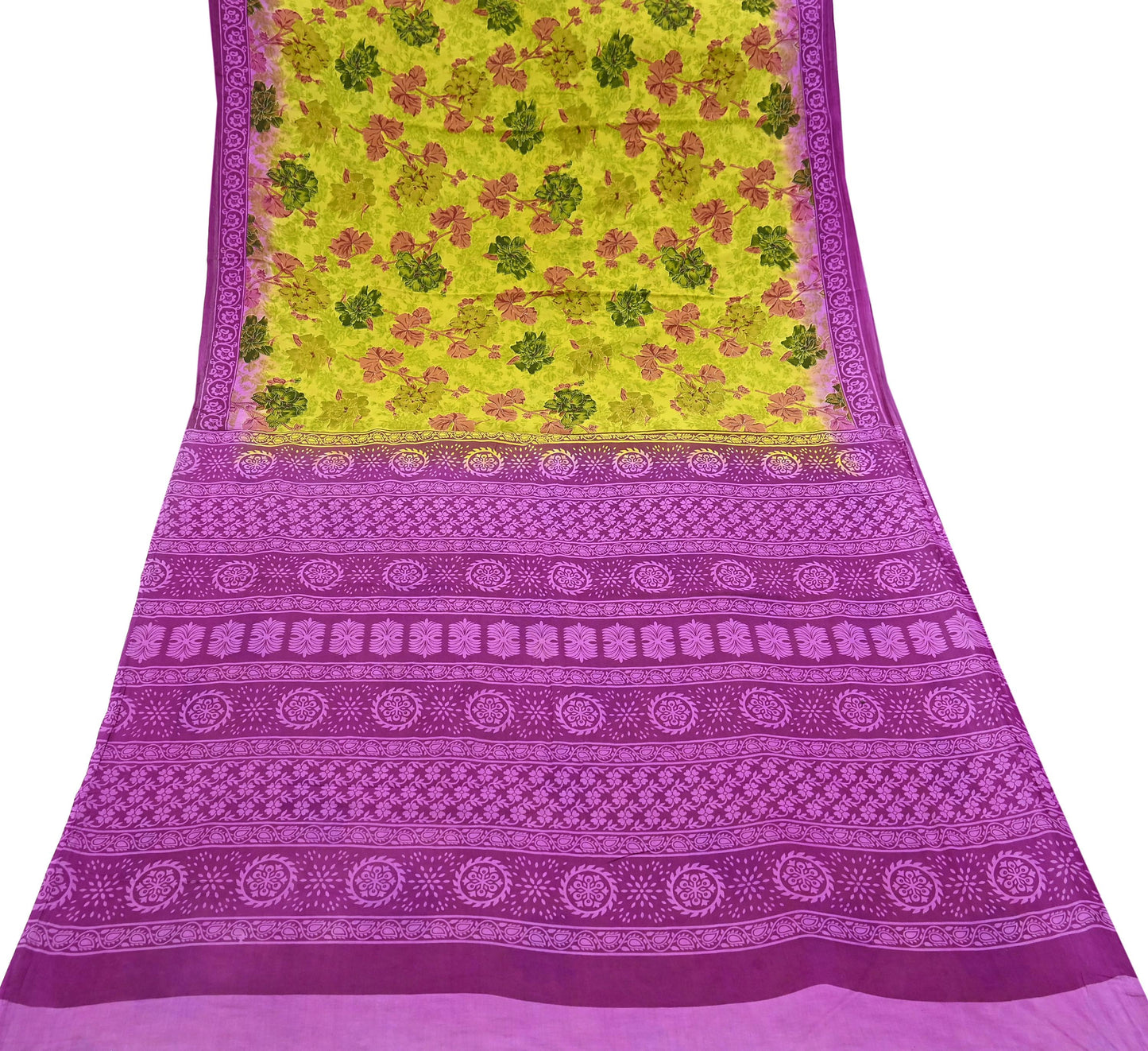 Indian Vintage Sari Purple & yellow Pure Cotton Printed Sarees Craft Fabric Soft 5Yd Sarong Wrap Boho Fabric Kimono Quilting Crafting