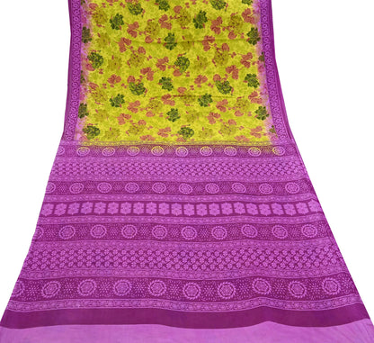 Indian Vintage Sari Purple & yellow Pure Cotton Printed Sarees Craft Fabric Soft 5Yd Sarong Wrap Boho Fabric Kimono Quilting Crafting