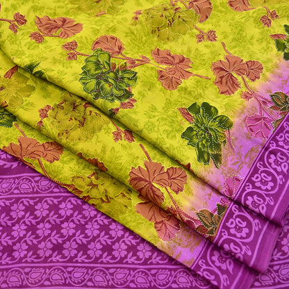 Indian Vintage Sari Purple & yellow Pure Cotton Printed Sarees Craft Fabric Soft 5Yd Sarong Wrap Boho Fabric Kimono Quilting Crafting