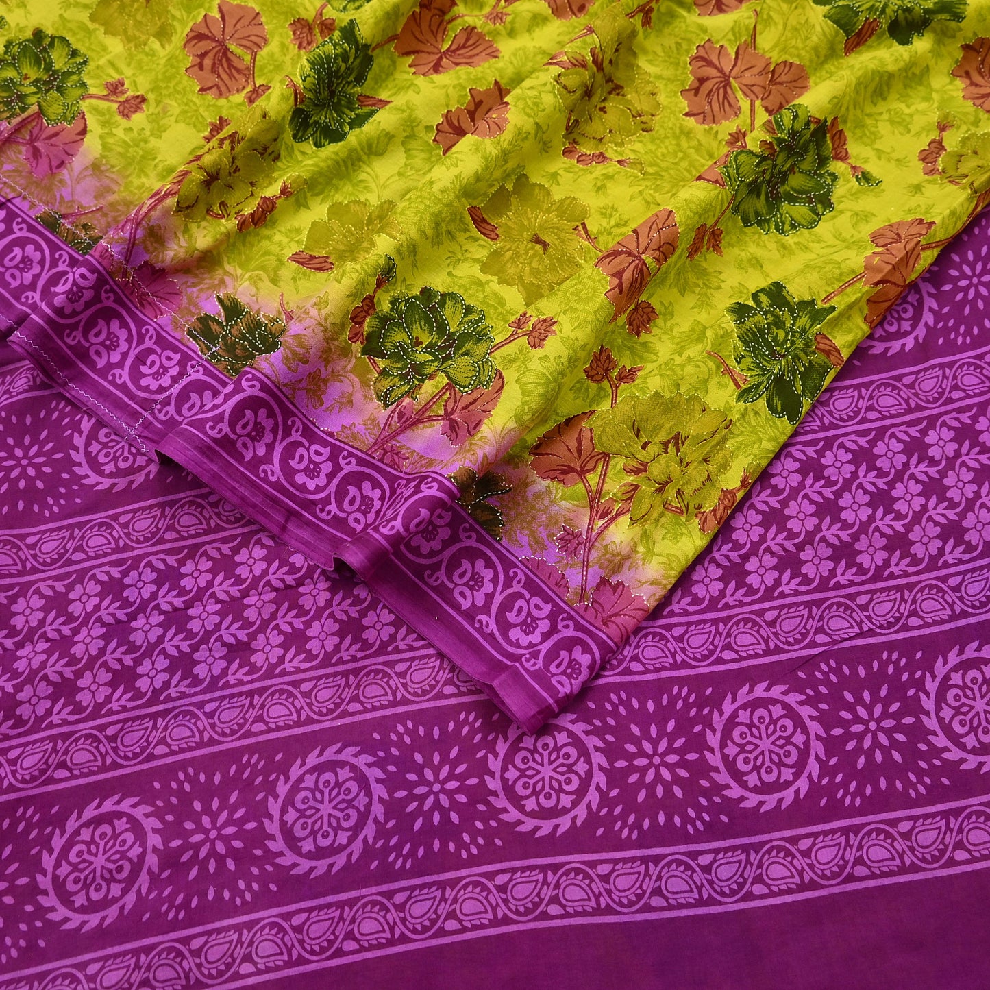 Indian Vintage Sari Purple & yellow Pure Cotton Printed Sarees Craft Fabric Soft 5Yd Sarong Wrap Boho Fabric Kimono Quilting Crafting