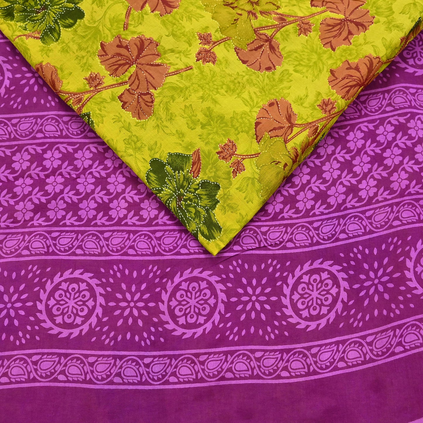 Indian Vintage Sari Purple & yellow Pure Cotton Printed Sarees Craft Fabric Soft 5Yd Sarong Wrap Boho Fabric Kimono Quilting Crafting