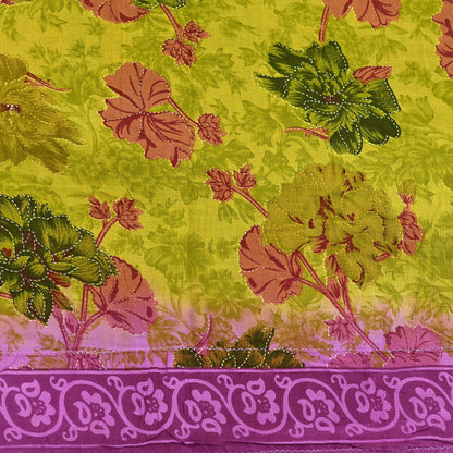 Indian Vintage Sari Purple & yellow Pure Cotton Printed Sarees Craft Fabric Soft 5Yd Sarong Wrap Boho Fabric Kimono Quilting Crafting