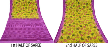 Indian Vintage Sari Purple & yellow Pure Cotton Printed Sarees Craft Fabric Soft 5Yd Sarong Wrap Boho Fabric Kimono Quilting Crafting
