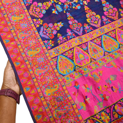 Indian Vintage Sari Blue & Multi Artificial Silk Hand Woven Sarees 5yd Ethnic Craft Fabric Sewing Wedding Sarees Dress making