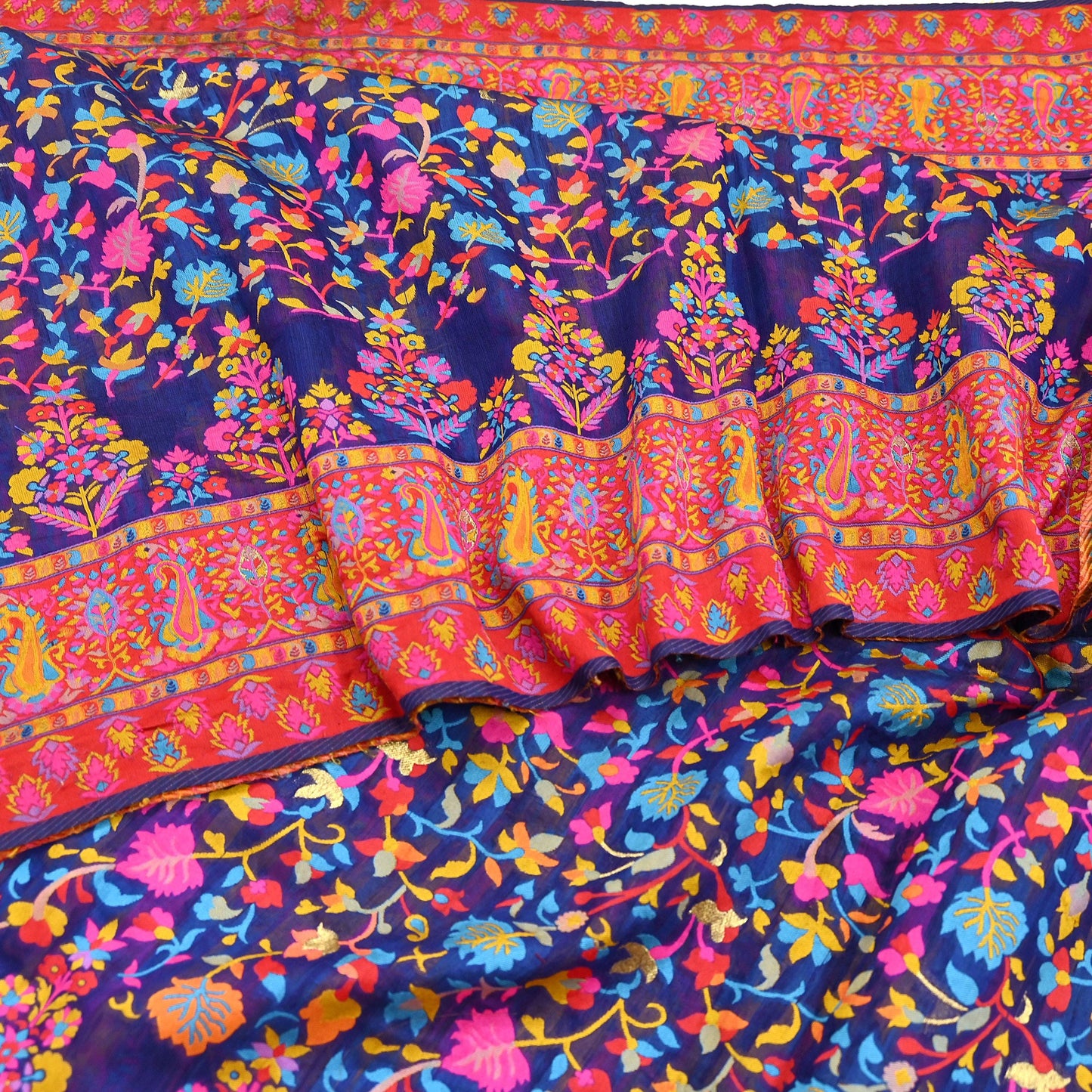 Indian Vintage Sari Blue & Multi Artificial Silk Hand Woven Sarees 5yd Ethnic Craft Fabric Sewing Wedding Sarees Dress making