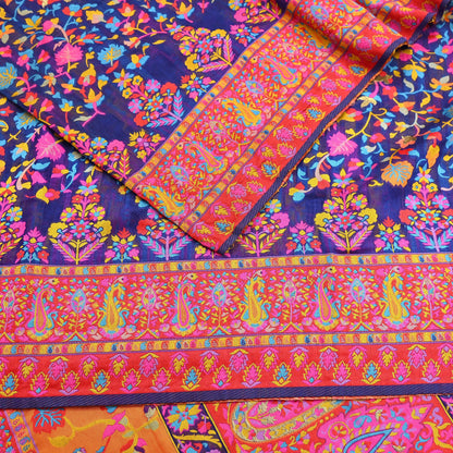 Indian Vintage Sari Blue & Multi Artificial Silk Hand Woven Sarees 5yd Ethnic Craft Fabric Sewing Wedding Sarees Dress making