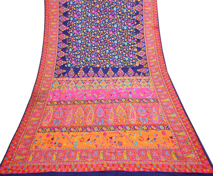 Indian Vintage Sari Blue & Multi Artificial Silk Hand Woven Sarees 5yd Ethnic Craft Fabric Sewing Wedding Sarees Dress making