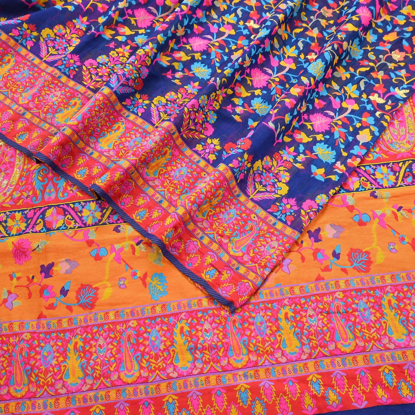 Indian Vintage Sari Blue & Multi Artificial Silk Hand Woven Sarees 5yd Ethnic Craft Fabric Sewing Wedding Sarees Dress making