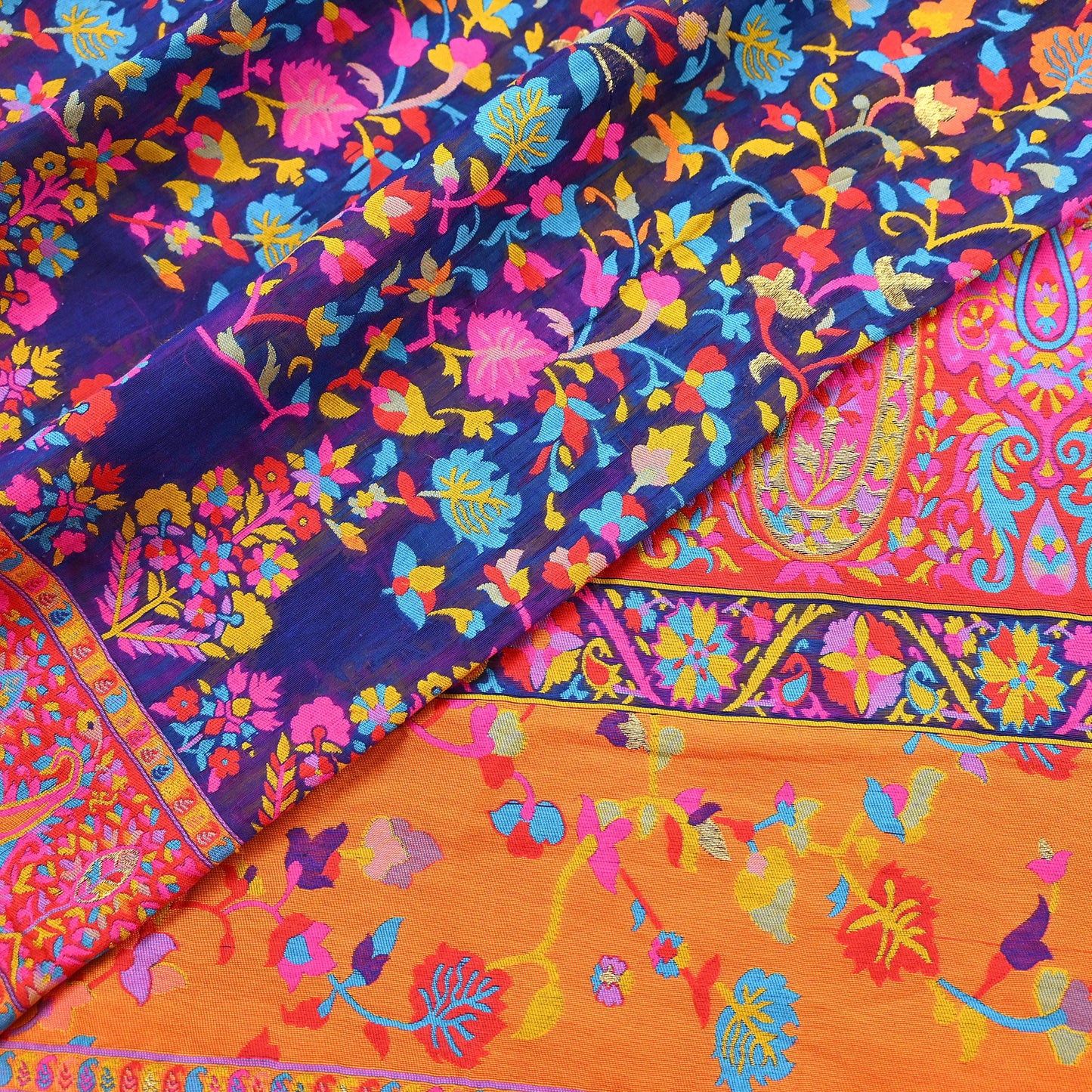 Indian Vintage Sari Blue & Multi Artificial Silk Hand Woven Sarees 5yd Ethnic Craft Fabric Sewing Wedding Sarees Dress making