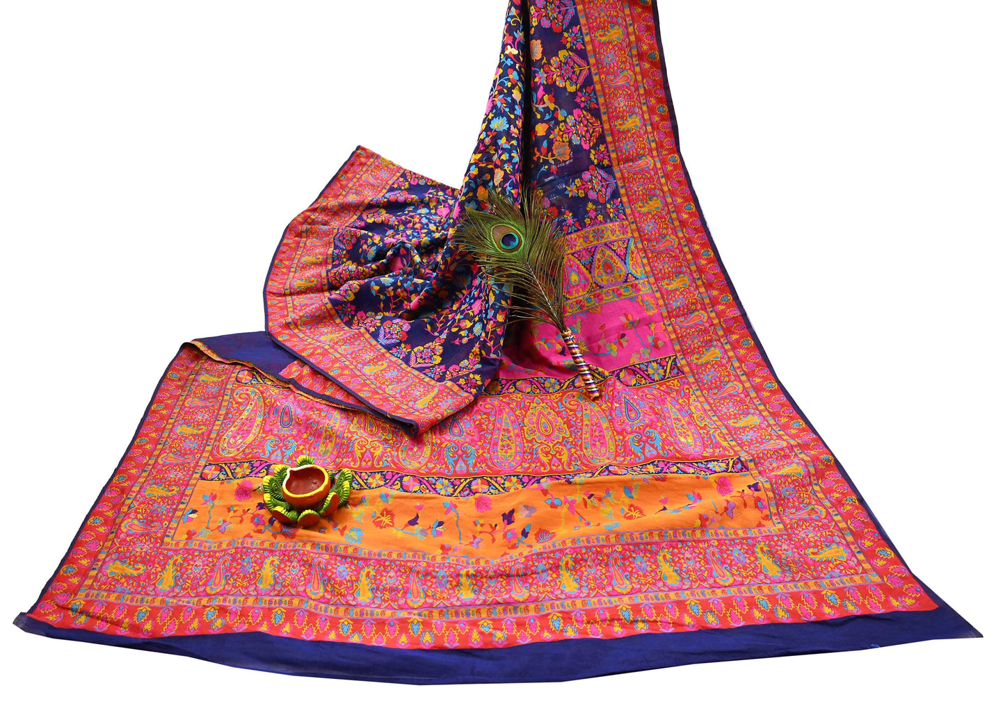 Indian Vintage Sari Blue & Multi Artificial Silk Hand Woven Sarees 5yd Ethnic Craft Fabric Sewing Wedding Sarees Dress making