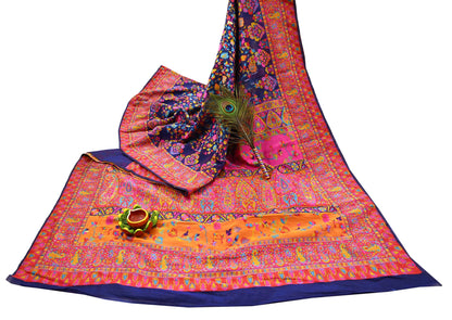 Indian Vintage Sari Blue & Multi Artificial Silk Hand Woven Sarees 5yd Ethnic Craft Fabric Sewing Wedding Sarees Dress making