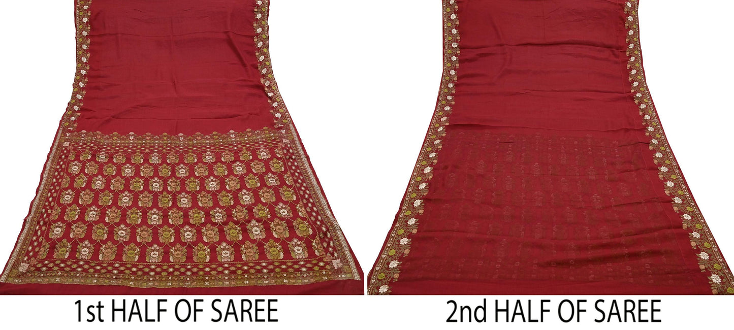 Indian Vintage Sari Red 100% Pure Silk Hand Woven Sarees Craft Fabric 5Yd Ethnic Sewing Dress making Crafting Quilting Upcycle Zari