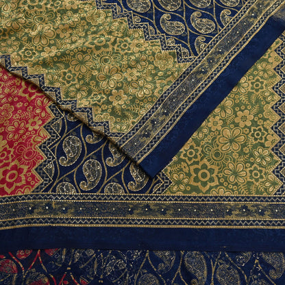 Indian Vintage Blue & Green Sarees Moss Crepe Printed Sari 6yd Sewing Floral Soft Craft Fabric DressMaking For Crafting Quilting Upcycle